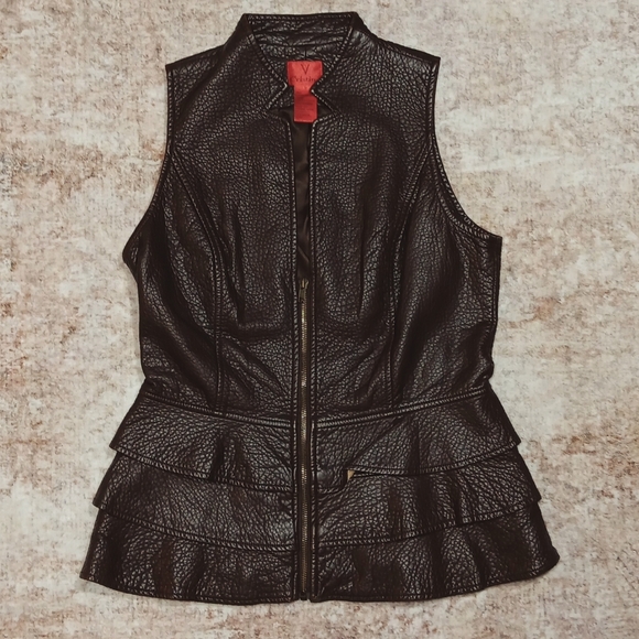 Vintage Jackets & Blazers - Vintage Brown Leather Peplum Ruffle Bottom Vest Womens Medium